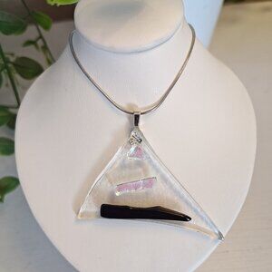 Melting triangle with iridescent black pendant necklace, one of a kind jewelry